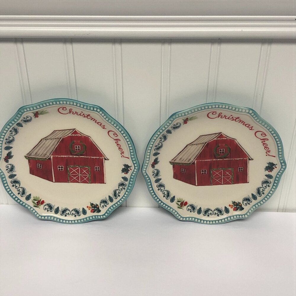 Pioneer Woman Christmas Appetizer Plates Red Barn 2Pc Set Holiday Ceramic Teal